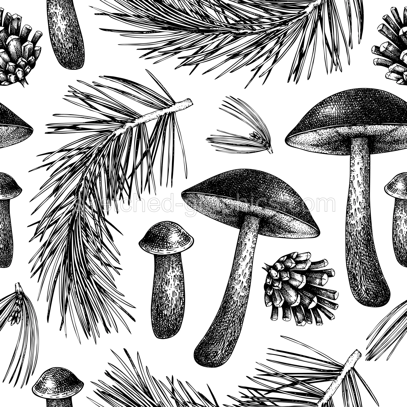 Woodland background. Mushroom seamless pattern. Autumn forest plants sketches. Hand-drawn vector illustration. Botanical design. NOT AI generated. Illustration